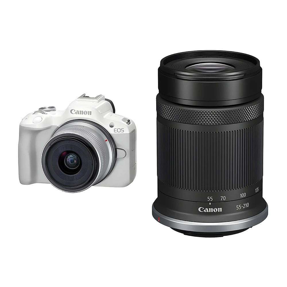 Canon EOS R50 Mirrorless Camera + RF-S 18-45mm f/4.5-6.3 IS STM lens + RF-S 55-210mm f/5-7.1 IS STM lens - White-01